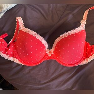 Victoria's Secret Lined Demi Red Lace Trim Polka Dot Bra
